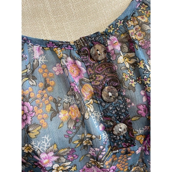 Copper Key Sheer Blouse Blue Purple Floral Flowy Shirt Sz M Kimono Sleeve - Picture 9 of 12